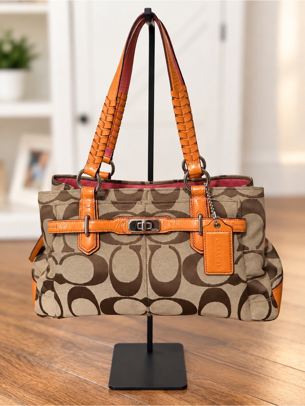 Coach Signature C Jacquard Tote Bag Brown Tan Pink Interior